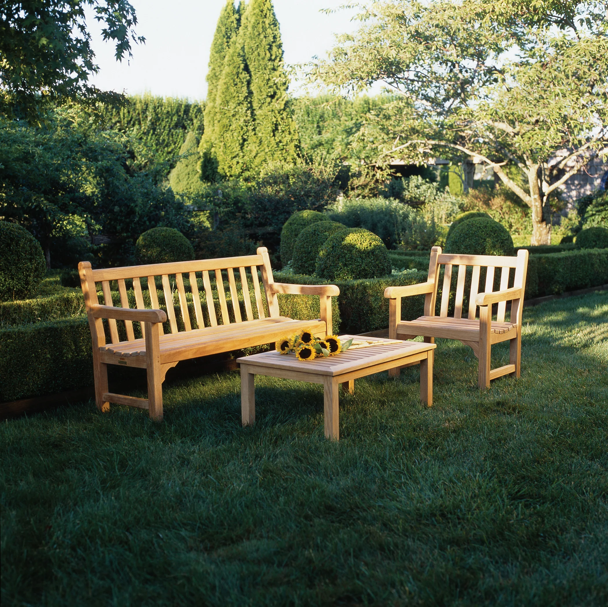 A slatted teak garden bench and matching armchair beside a low teak table carrying sunflowers, on a lawn among clipped box balls and hedges, with tall cypresses behind.